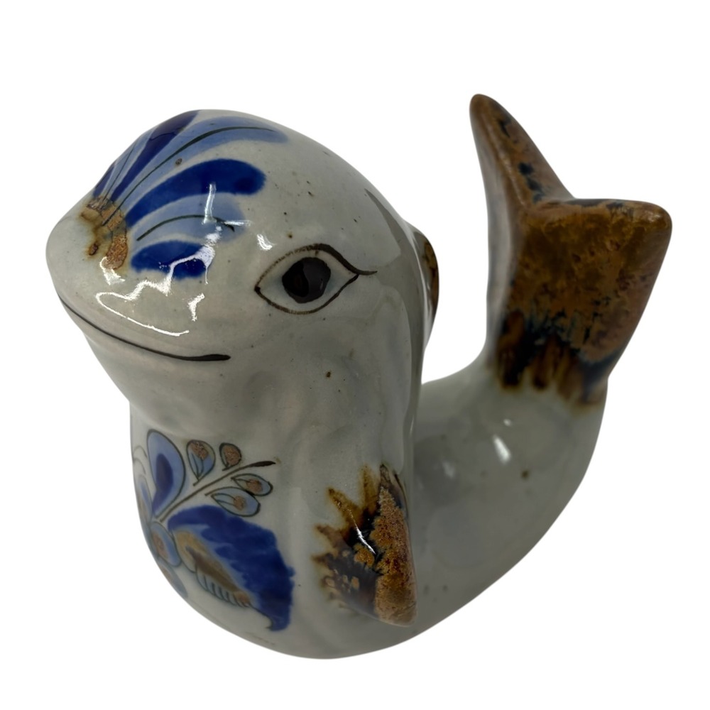 Vintage El Palomar‎ Tonala Mexico Pottery Fish Figurine Blue Floral Folk Art
